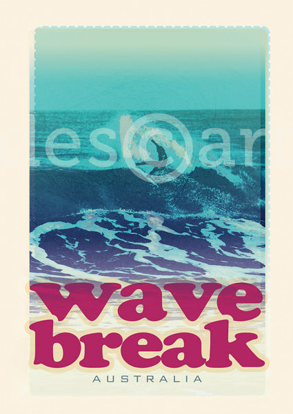 Australia Surf Poster 'Wave Break' Red with watermark