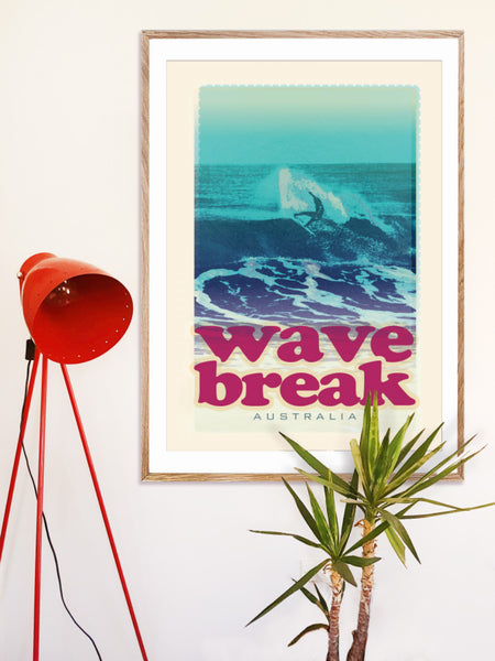 A1 Australia Surf Poster 'Wave Break' Red in wooden frame