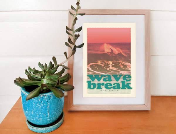 A4 Australia Surf Poster 'Wave Break' Red in wooden frame