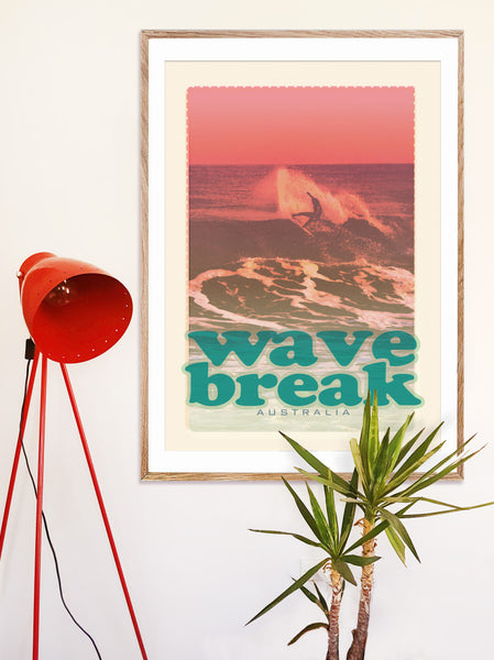 A1 Australia Surf Poster 'Wave Break' Red on wall in wooden frame