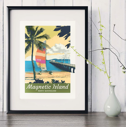 A4 Picnic Bay, Magnetic Island, Townsville Poster in black frame with white vase