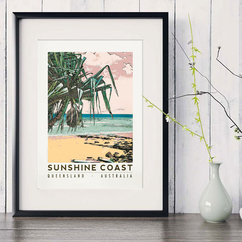A3 Sunshine Coast poster beach with pandanus in black frame with white vase